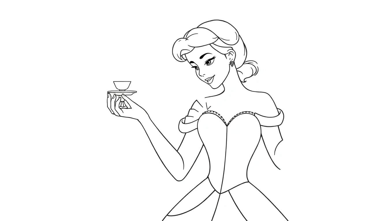 Desenho de uma mulher em preto e branco, segurando uma xícara de chá em uma bandeja. Estilo página de colorir.