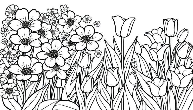 Um color panel de um jardim desenhado a traço com margaridas e tulipas.
