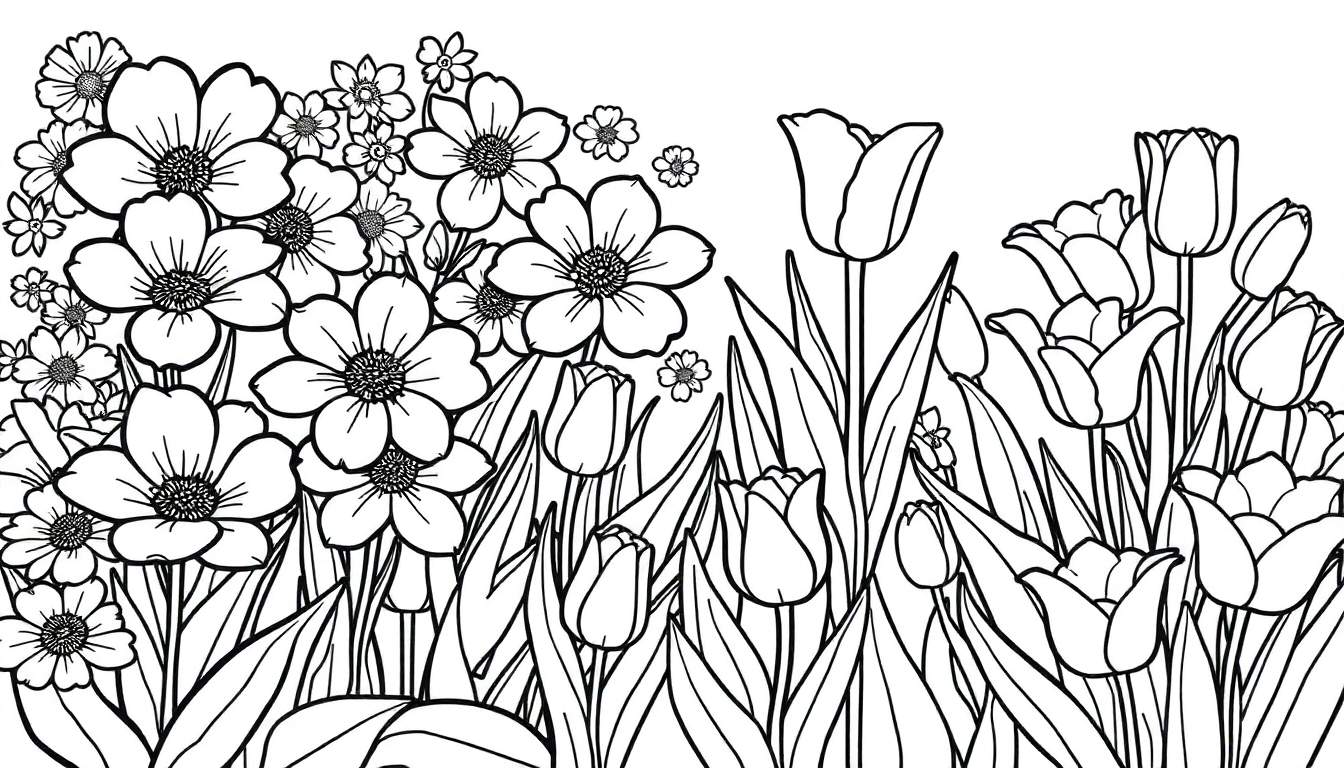 Um color panel de um jardim desenhado a traço com margaridas e tulipas.