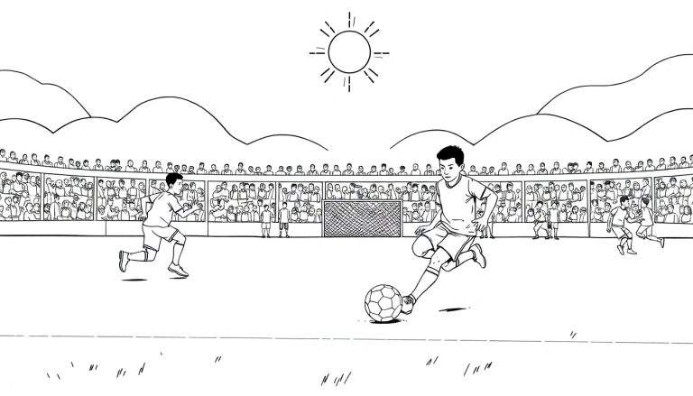 Desenho a preto e branco de um jogo de futebol com jogadores a correr e a marcar golos, bancadas cheias e montanhas ao fundo. Um sol estilizado brilha no céu.