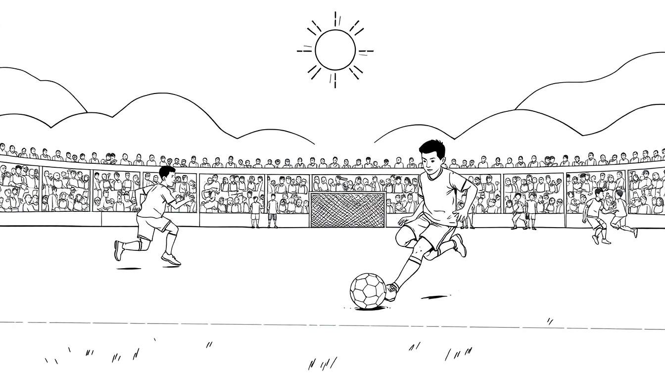 Desenho a preto e branco de um jogo de futebol com jogadores a correr e a marcar golos, bancadas cheias e montanhas ao fundo. Um sol estilizado brilha no céu.