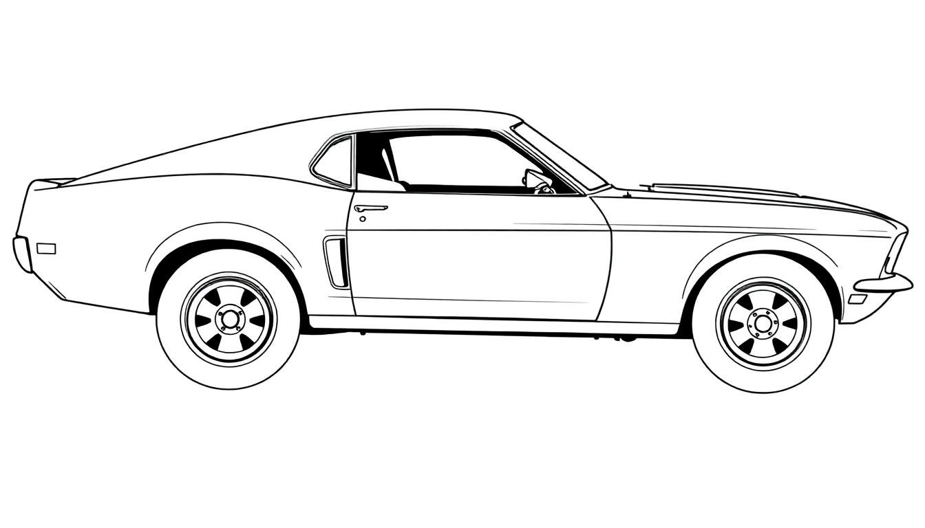 Um carro clássico desenhado com linhas pretas e brancas, um Ford Mustang dos anos 60/70, visto de lado, pronto para colorir, um color panel.