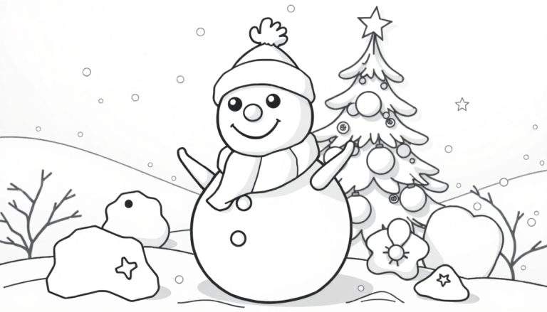 Desenho de um color panel com um boneco de neve sorridente, árvore de Natal e flocos de neve caindo.