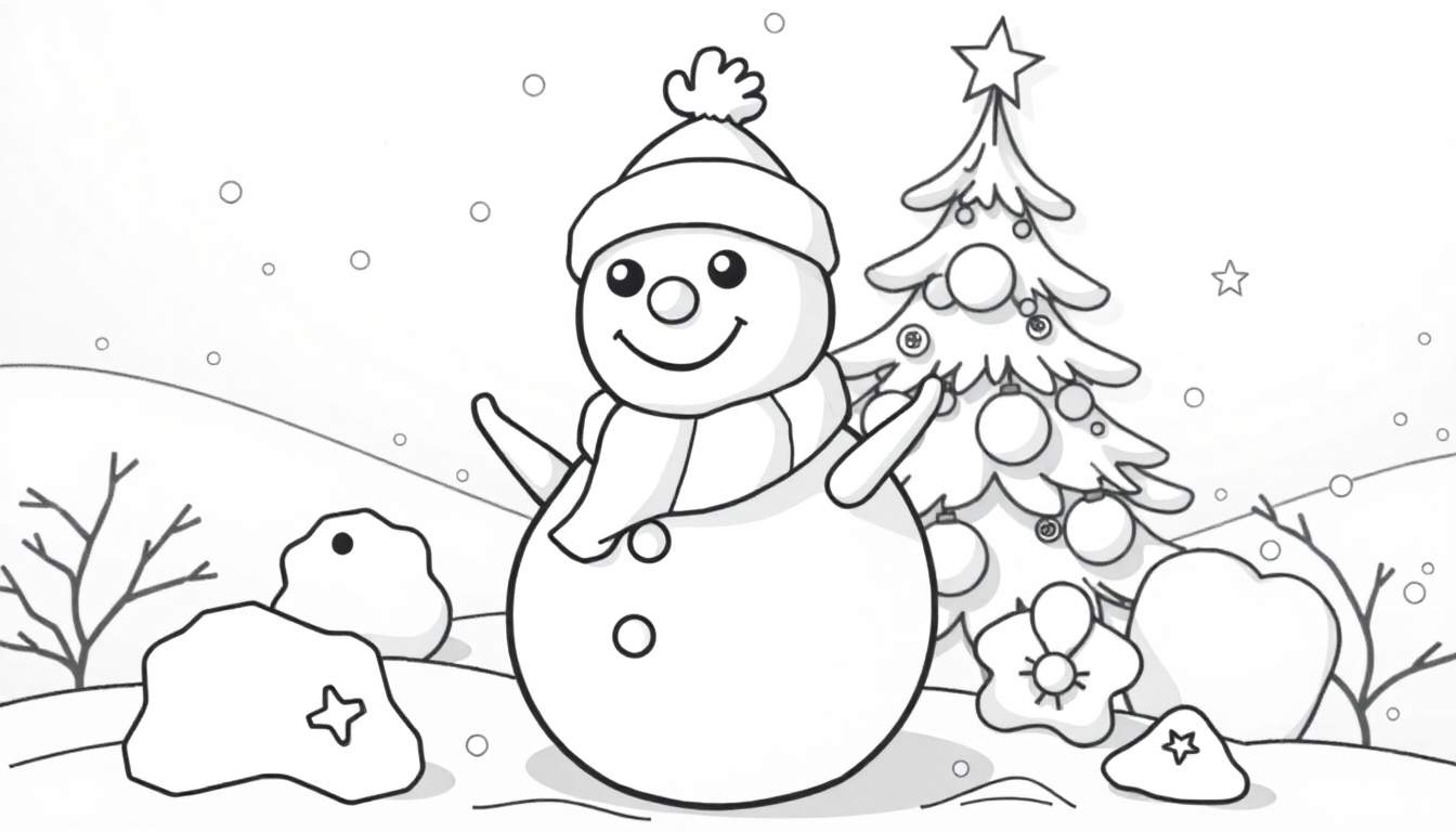 Desenho de um color panel com um boneco de neve sorridente, árvore de Natal e flocos de neve caindo.