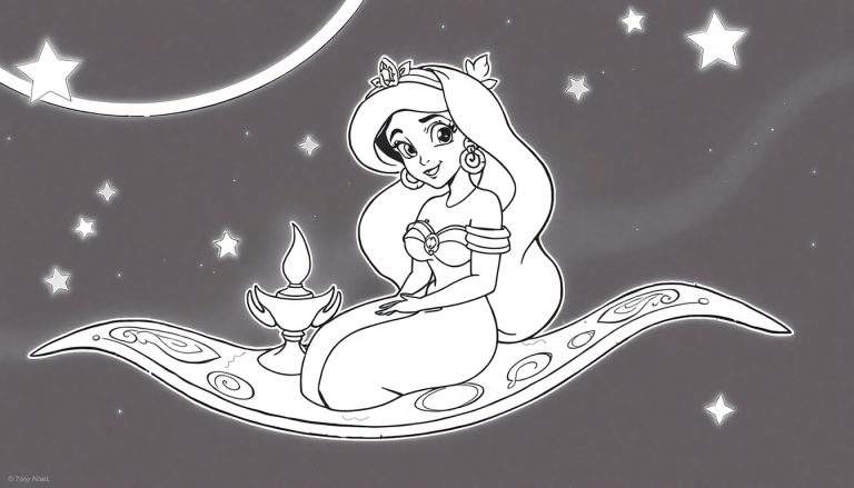 Desenho em preto e branco de Jasmine em um tapete mágico com uma lâmpada, cercada por estrelas.