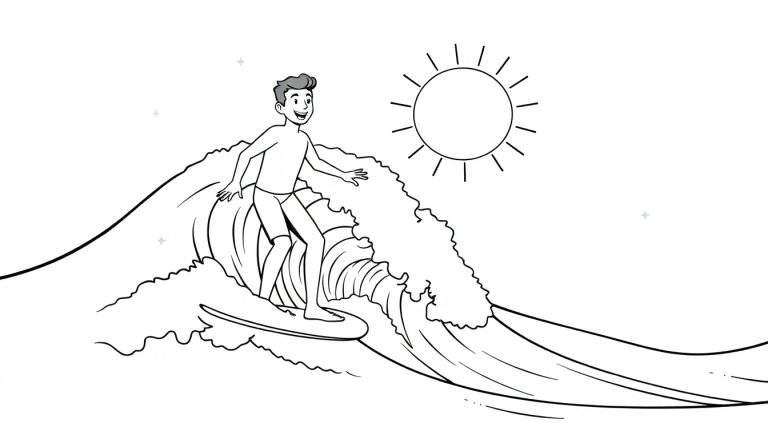 Desenho a preto e branco de um surfista sorridente a cavalgar uma onda, com um sol estilizado e estrelas no fundo. Um color panel para um dia de praia.