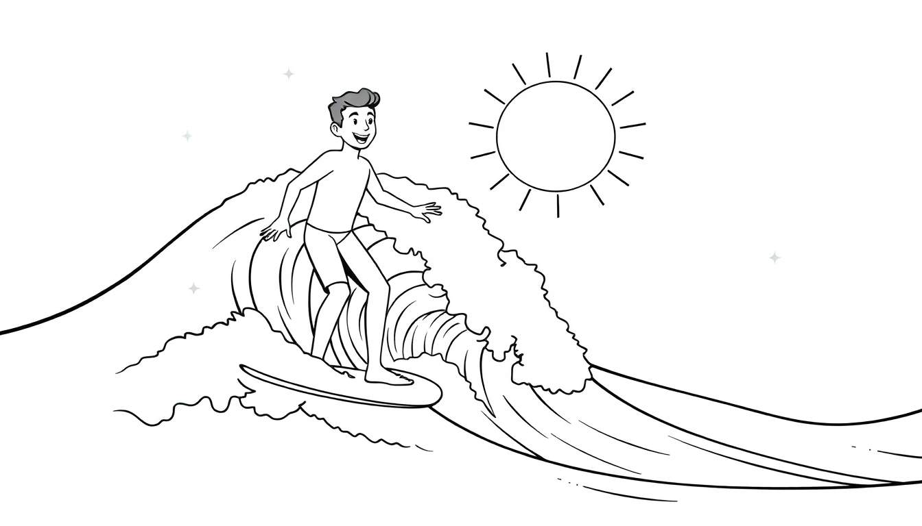 Desenho a preto e branco de um surfista sorridente a cavalgar uma onda, com um sol estilizado e estrelas no fundo. Um color panel para um dia de praia.