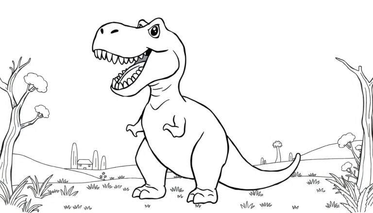 Um desenho animado em preto e branco de um Tiranossauro Rex rugindo feliz, em uma paisagem com grama e árvores.