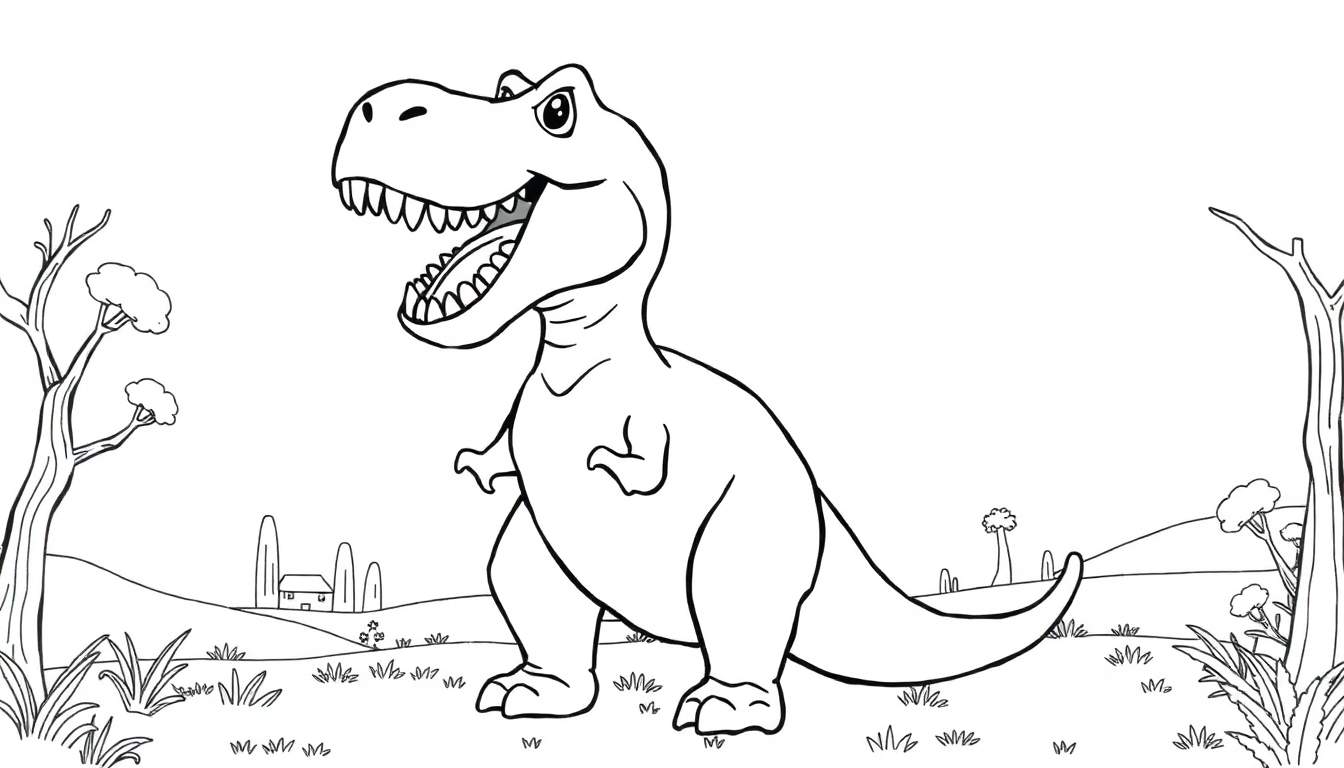 Um desenho animado em preto e branco de um Tiranossauro Rex rugindo feliz, em uma paisagem com grama e árvores.