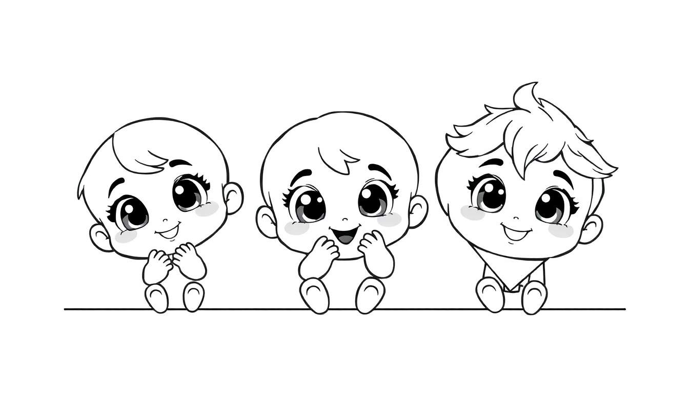 Três bebês em estilo de desenho animado sentados lado a lado com os olhos arregalados e sorrisos felizes, em um color panel.