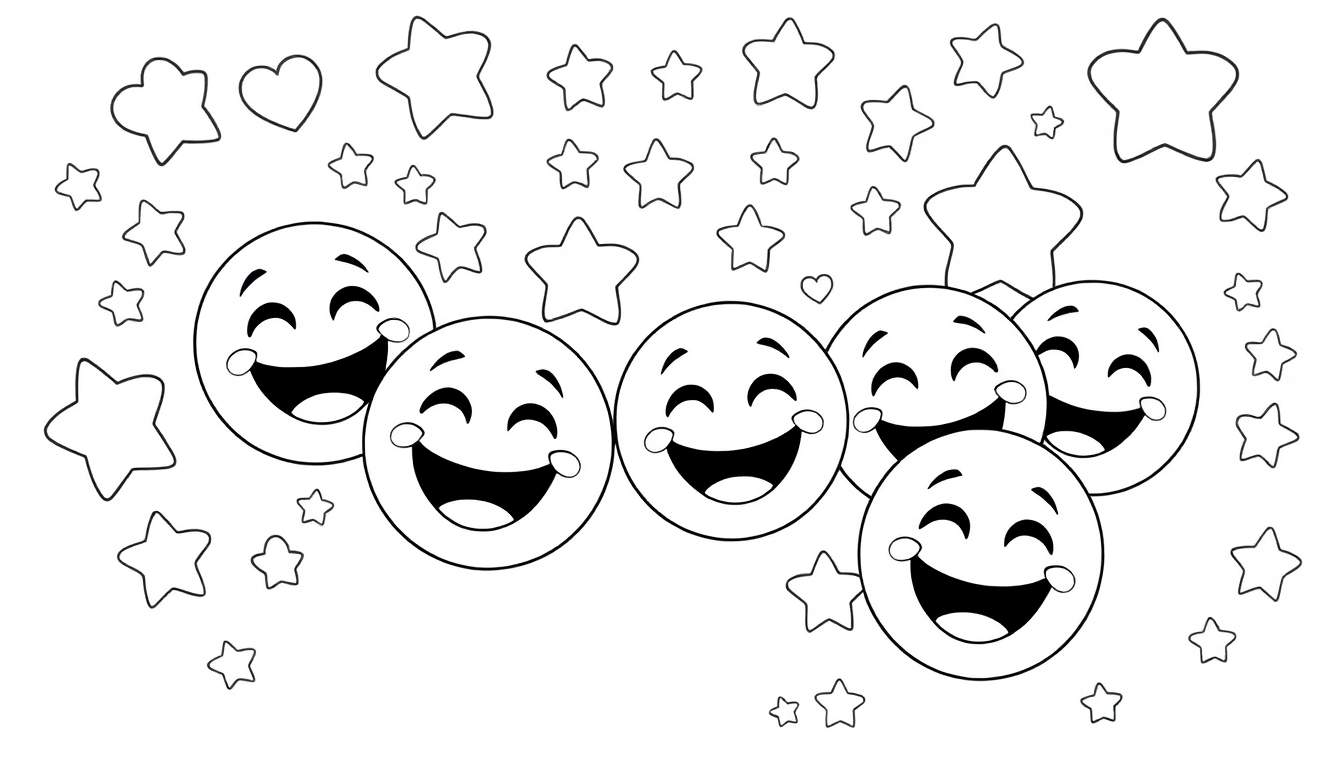 Color panel com seis rostos sorridentes, corações e estrelas.