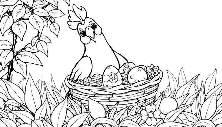 Uma galinha fofa sentada em um ninho cheio de ovos de Páscoa decorados, com folhagem ao redor, pronta para ser colorida em um color panel.