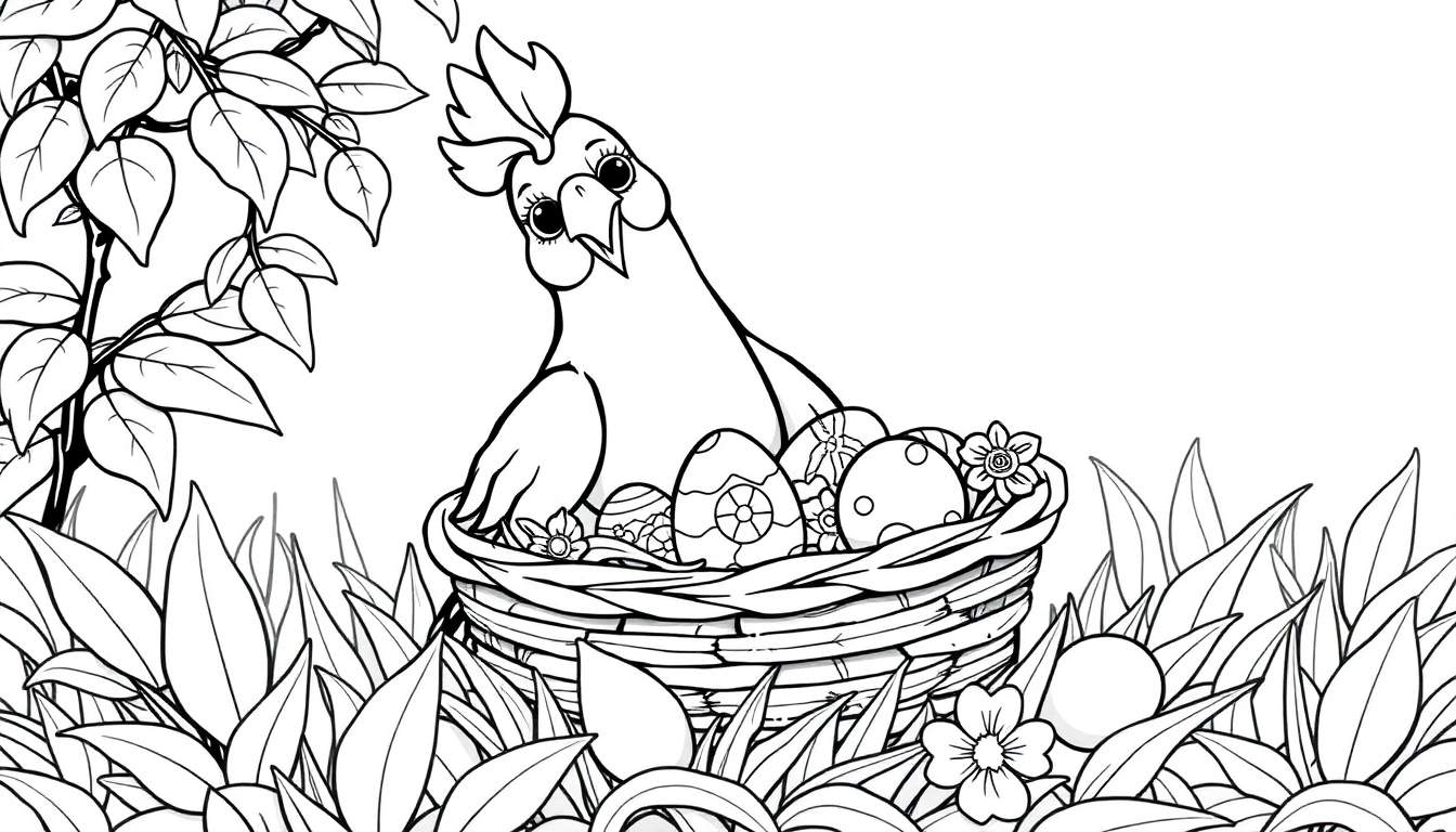 Uma galinha fofa sentada em um ninho cheio de ovos de Páscoa decorados, com folhagem ao redor, pronta para ser colorida em um color panel.