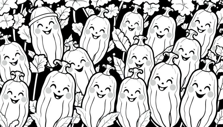 Ilustração em preto e branco de um color panel com abóboras sorridentes e folhas.