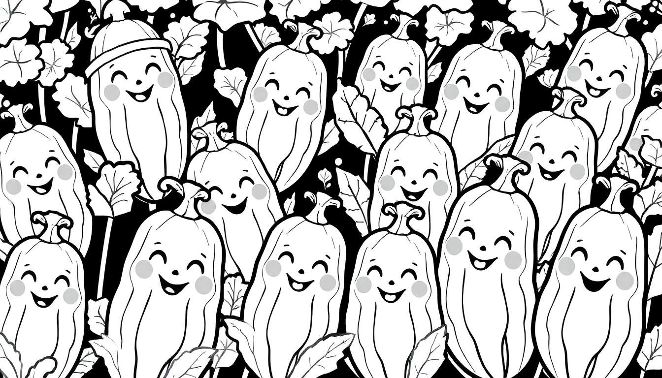 Ilustração em preto e branco de um color panel com abóboras sorridentes e folhas.