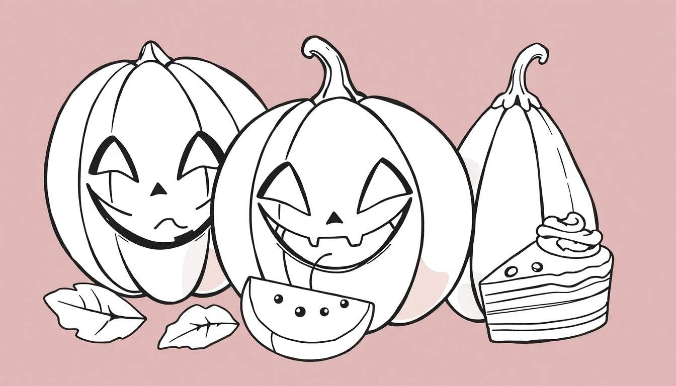 Ilustração de Halloween com três abóboras em um fundo rosa pálido, uma triste, uma sorridente e uma alongada, com folhas e melancia. Estilo de color panel.