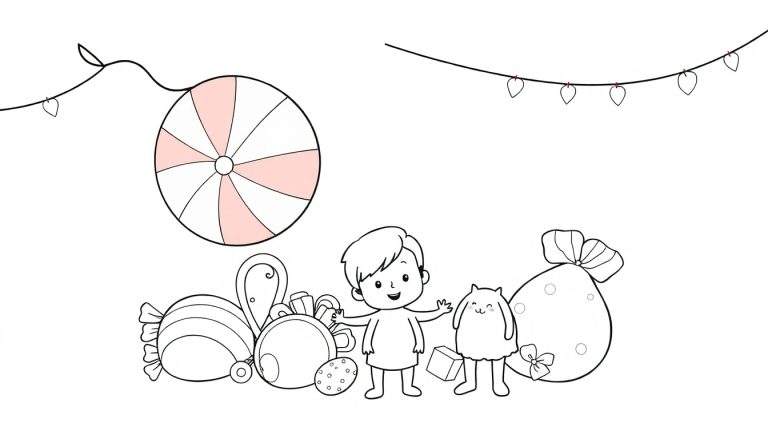 Um color panel festivo com corações pendurados, um doce gigante, docinhos, um menino feliz e um saco de presentes.