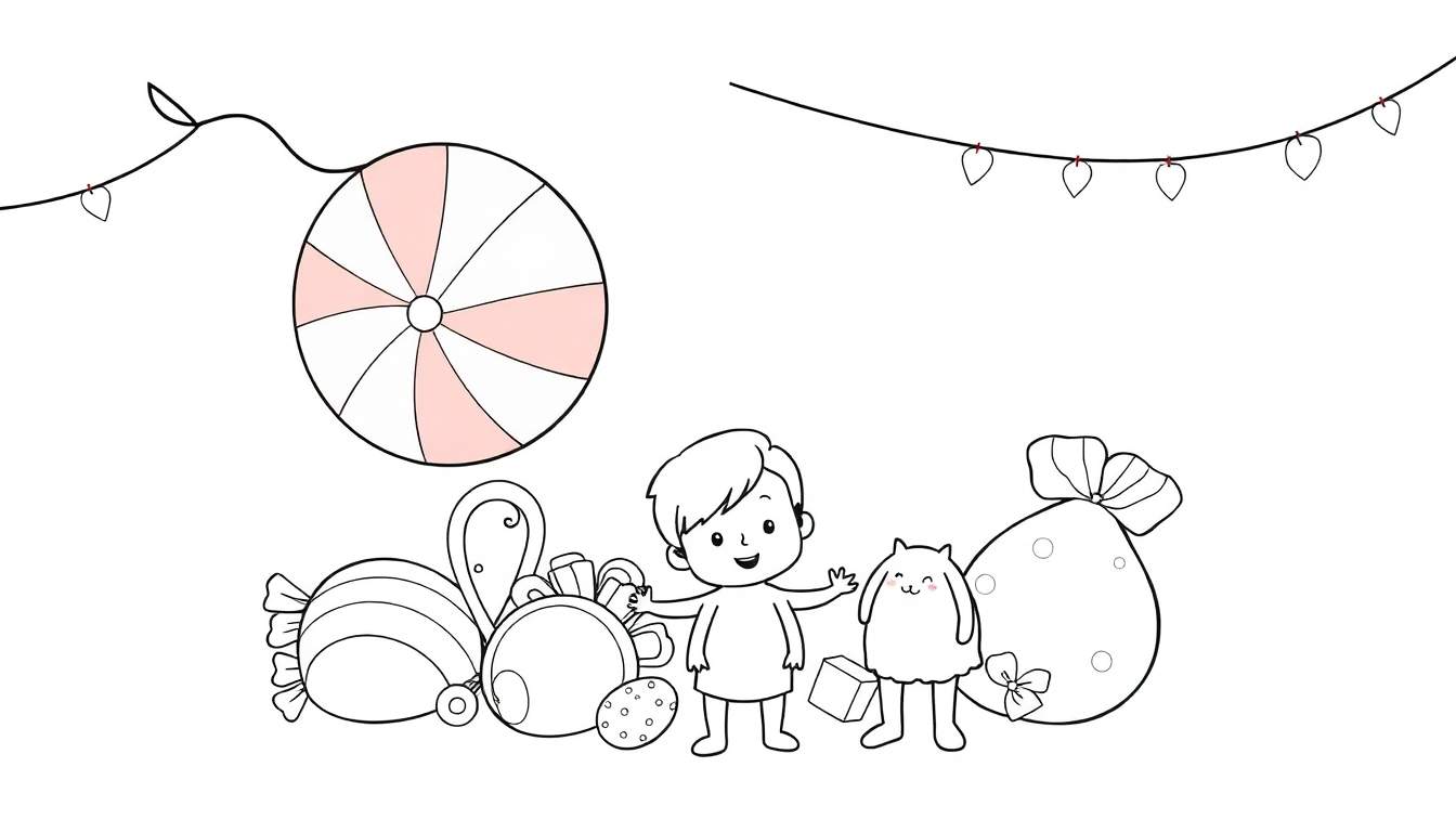 Um color panel festivo com corações pendurados, um doce gigante, docinhos, um menino feliz e um saco de presentes.