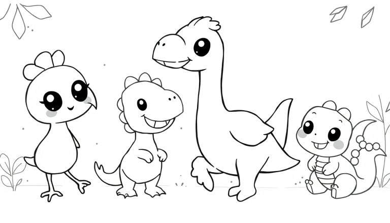 Um color panel com quatro dinossauros adoráveis em preto e branco, perfeitos para colorir, com detalhes de plantas.