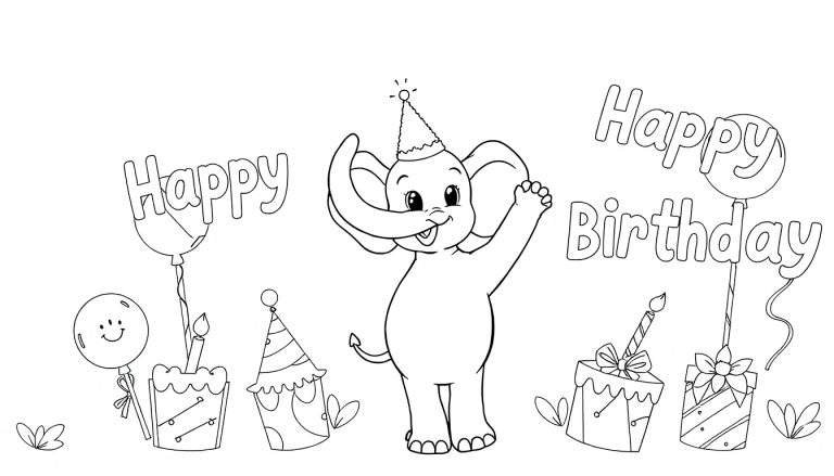 Um elefante feliz de desenho para colorir com chapéu de festa, acenando, rodeado por balões e presentes.