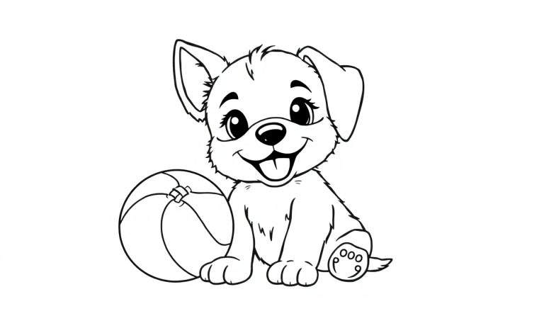 Um desenho em preto e branco de um cachorrinho adorável com orelhas grandes sentado ao lado de uma bola, pronto para colorir.