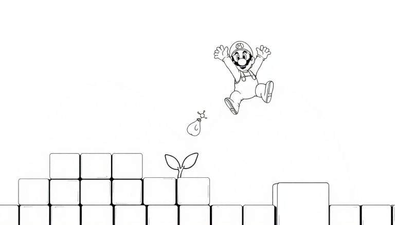 Mario saltando em um color panel com uma planta crescendo em um bloco.