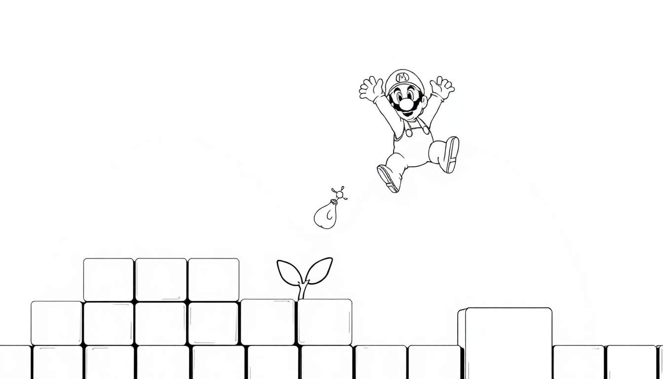 Mario saltando em um color panel com uma planta crescendo em um bloco.