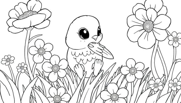 Um passarinho fofo em um color panel de flores e grama, pronto para ser colorido.