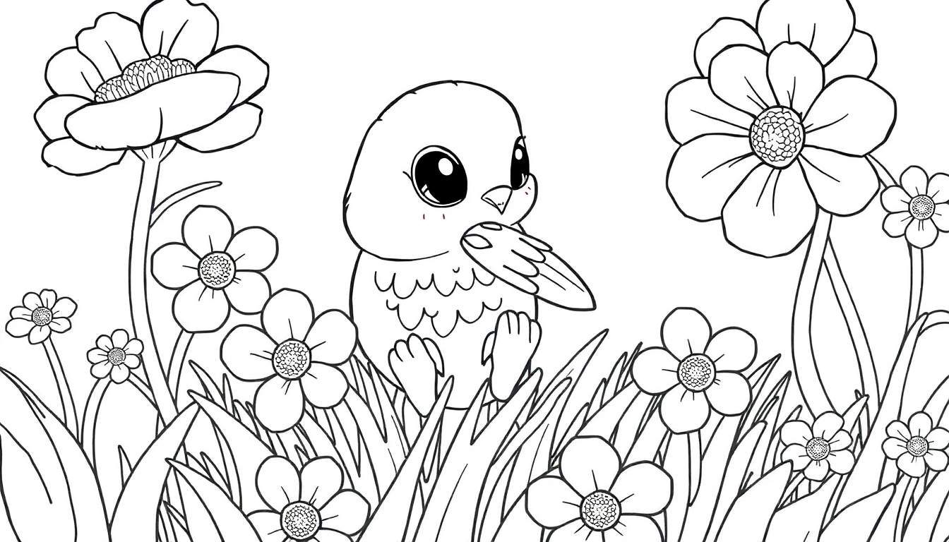 Um passarinho fofo em um color panel de flores e grama, pronto para ser colorido.