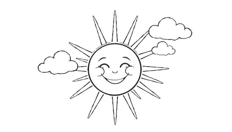 Um sol sorridente com bochechas rosadas em um estilo de livro de colorir, com raios pontudos e nuvens fofas ao redor. Um color panel para crianças.