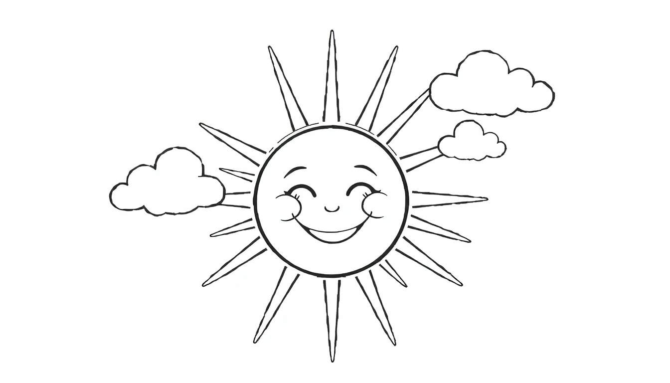Um sol sorridente com bochechas rosadas em um estilo de livro de colorir, com raios pontudos e nuvens fofas ao redor. Um color panel para crianças.