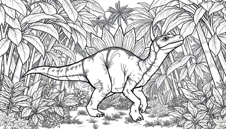 Dinossauro estegossauro em estilo de linha para colorir em um cenário tropical exuberante.