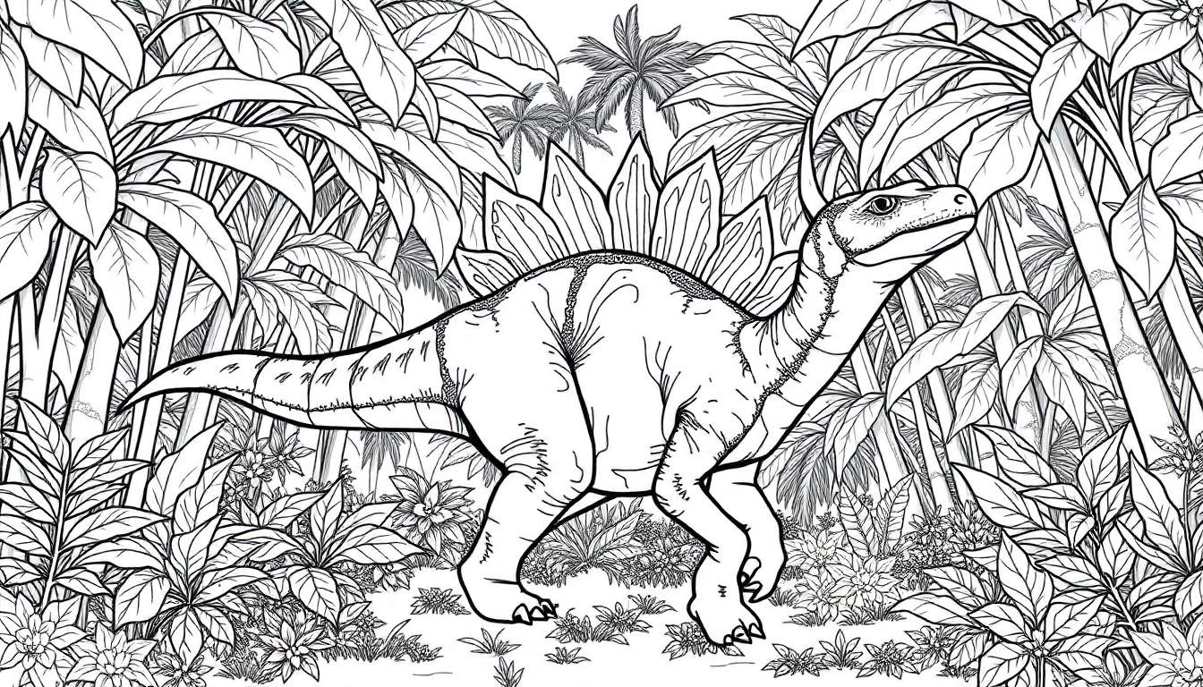 Dinossauro estegossauro em estilo de linha para colorir em um cenário tropical exuberante.