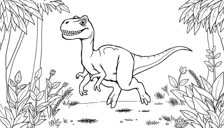 Um Velociraptor em preto e branco correndo em uma floresta com plantas e árvores.
