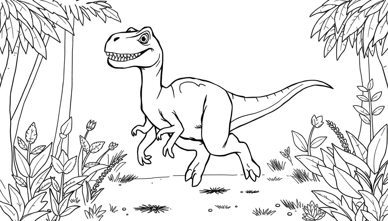 Um Velociraptor em preto e branco correndo em uma floresta com plantas e árvores.