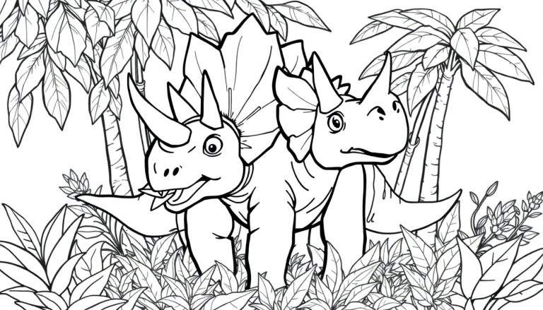 Dois dinossauros Triceratops em um desenho para colorir em preto e branco, em uma floresta tropical com folhas grandes e árvores altas.