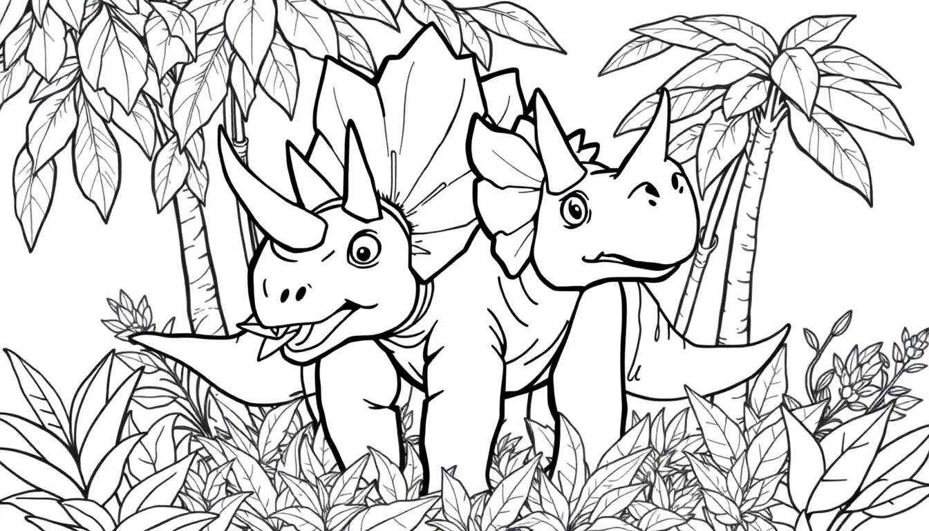 Dois dinossauros Triceratops em um desenho para colorir em preto e branco, em uma floresta tropical com folhas grandes e árvores altas.