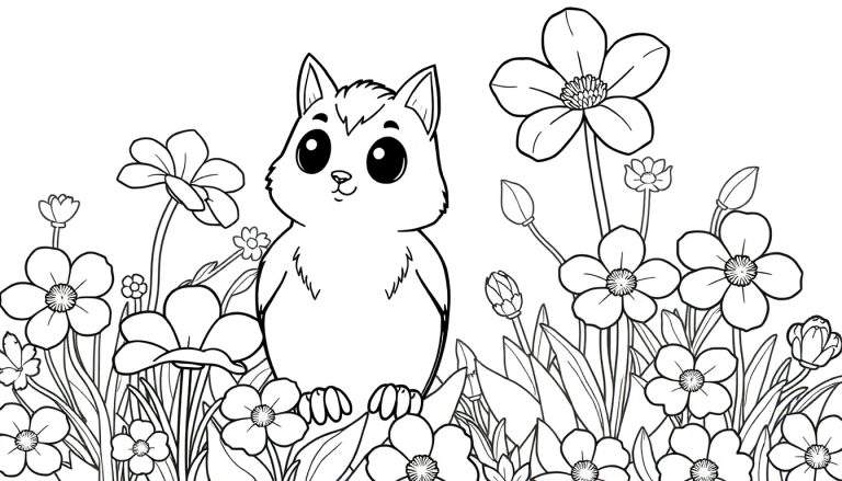 Um esquilo fofo em um color panel com flores e folhas, preto e branco para colorir.