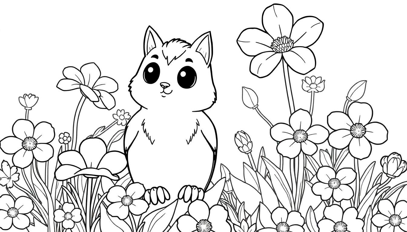 Um esquilo fofo em um color panel com flores e folhas, preto e branco para colorir.