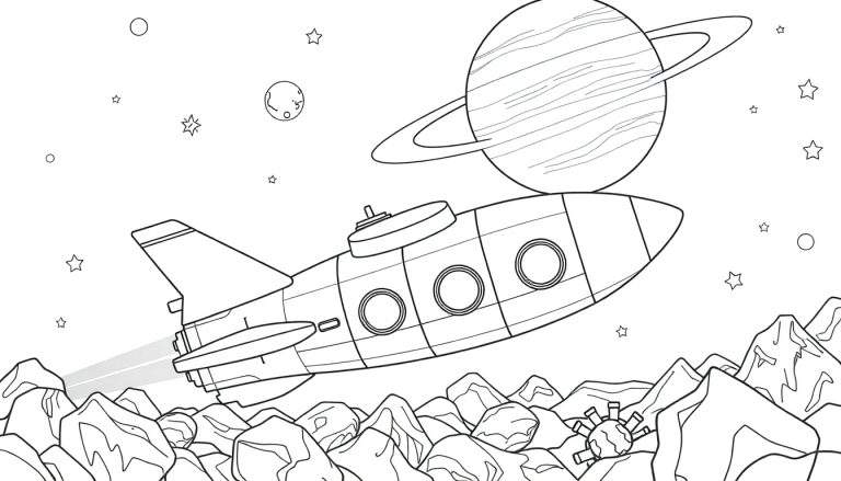 Desenho de foguete em preto e branco com um planeta com anéis ao fundo, em estilo de livro de colorir.