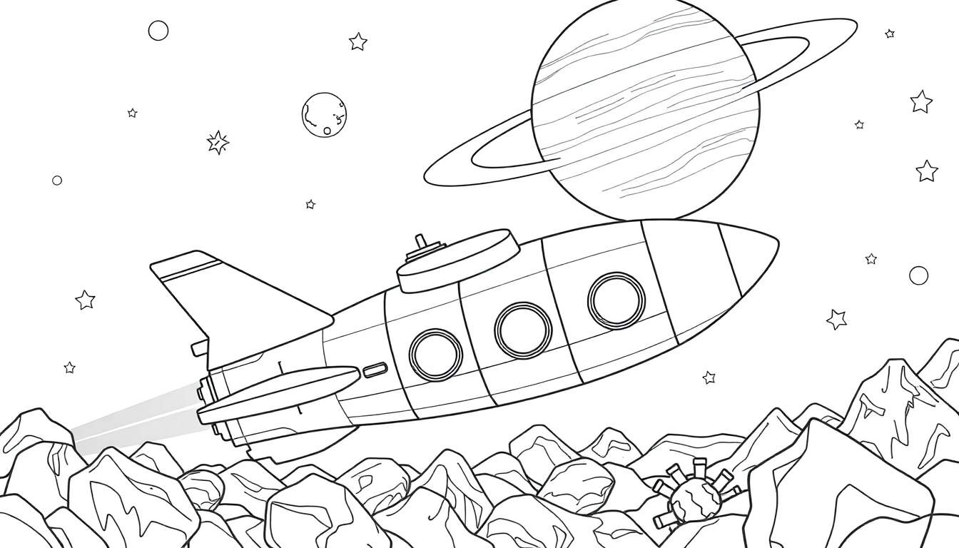 Desenho de foguete em preto e branco com um planeta com anéis ao fundo, em estilo de livro de colorir.