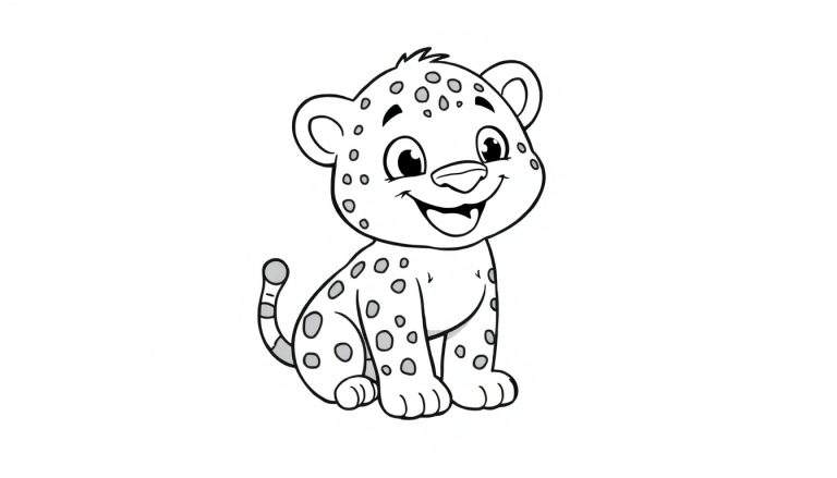 Um adorável filhote de leopardo em preto e branco, com um sorriso, pronto para ser colorido.