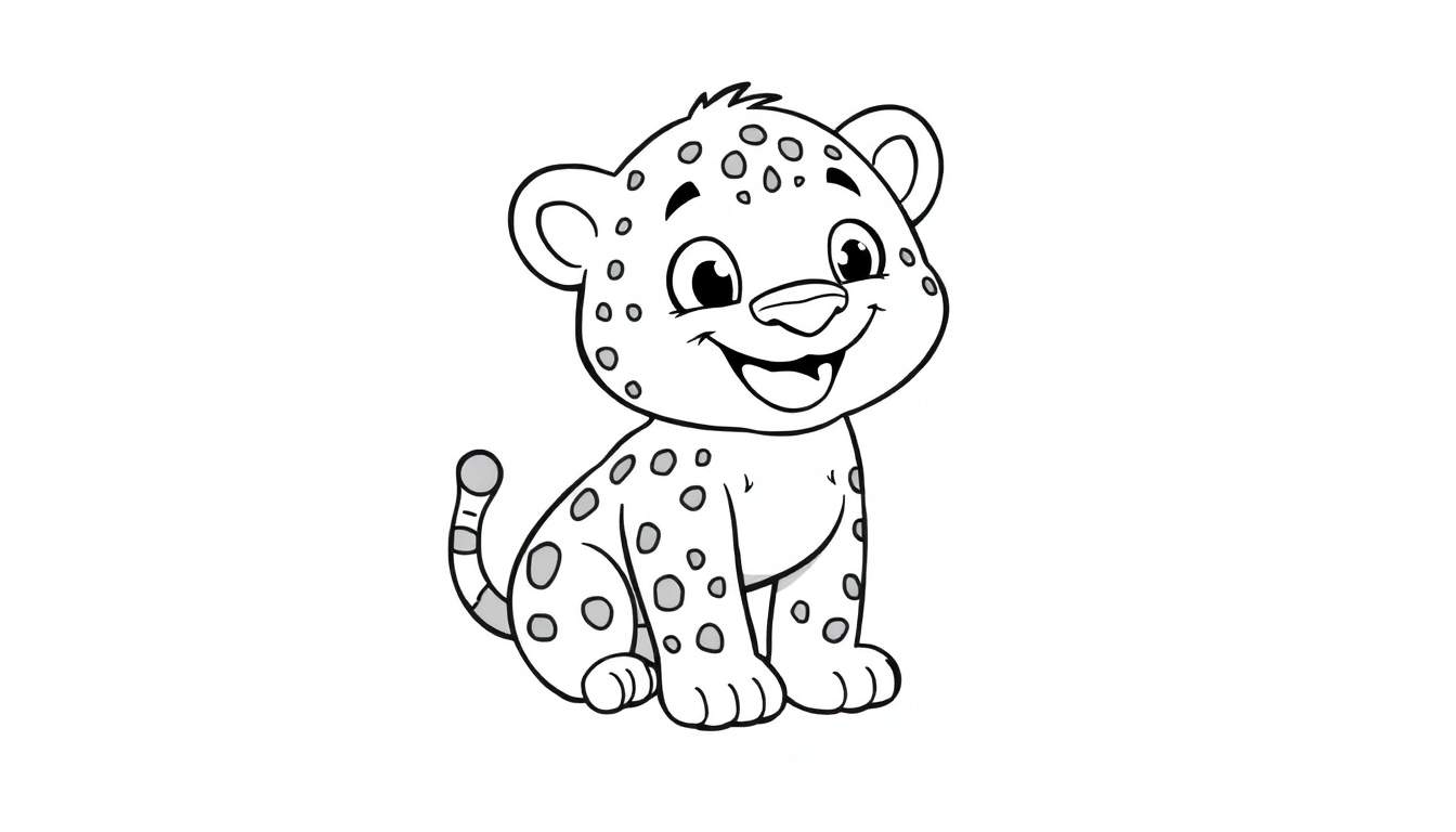 Um adorável filhote de leopardo em preto e branco, com um sorriso, pronto para ser colorido.