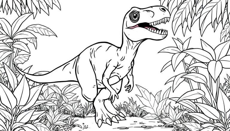 Um T-Rex em uma selva colorida, pronto para ser pintado.