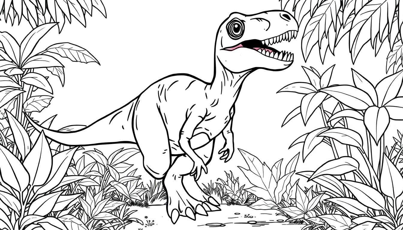 Um T-Rex em uma selva colorida, pronto para ser pintado.
