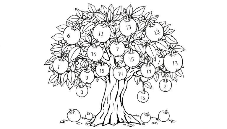 Desenho de uma macieira com maçãs numeradas e folhas vibrantes, um convite ao color panel.