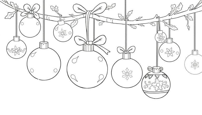Desenho a preto e branco de enfeites de Natal pendurados em galhos de árvores, com flocos de neve e laços, pronto para colorir.