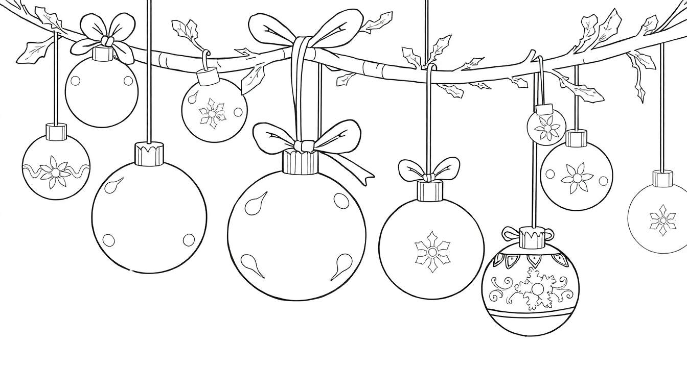 Desenho a preto e branco de enfeites de Natal pendurados em galhos de árvores, com flocos de neve e laços, pronto para colorir.