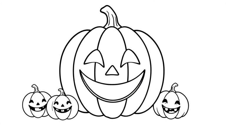 Grupo de abóboras de Halloween sorrindo e prontas para colorir no color panel.