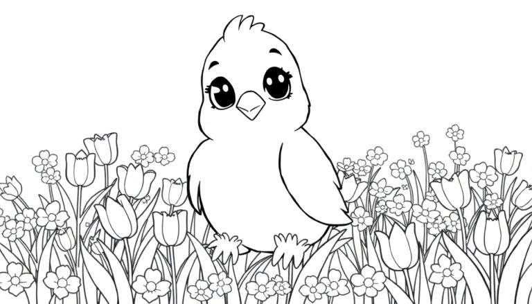 Um adorável filhote de pássaro em um campo de flores, pronto para ser colorido, parte do color panel.